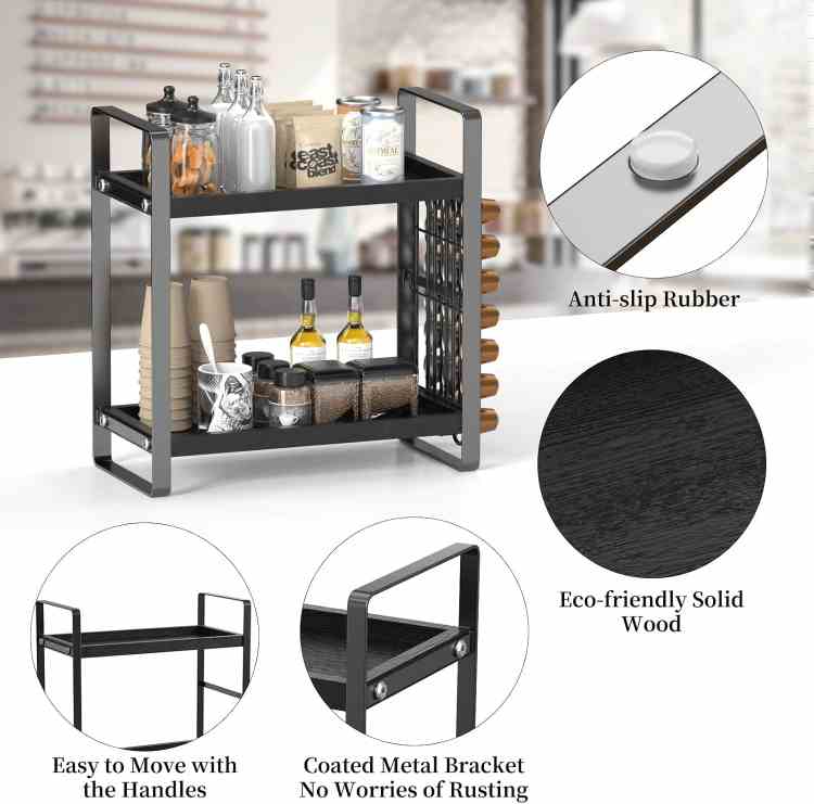 Coffee Station Organizer,Coffee Bar Accessories and Cup Storage Organizer, Wood Counter Shelves for Kitchen, Office, CountertopBlack