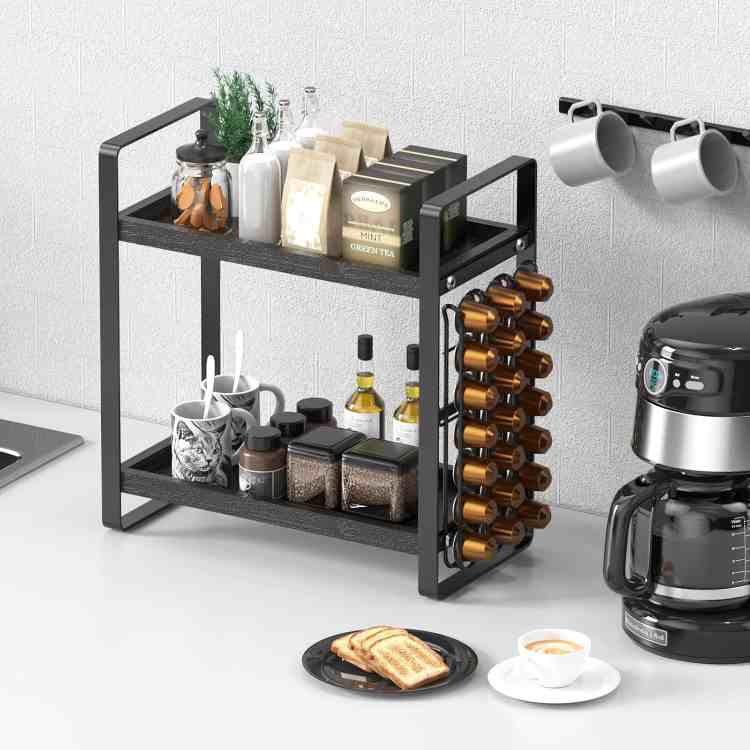 Coffee Station Organizer,Coffee Bar Accessories and Cup Storage Organizer, Wood Counter Shelves for Kitchen, Office, CountertopBlack