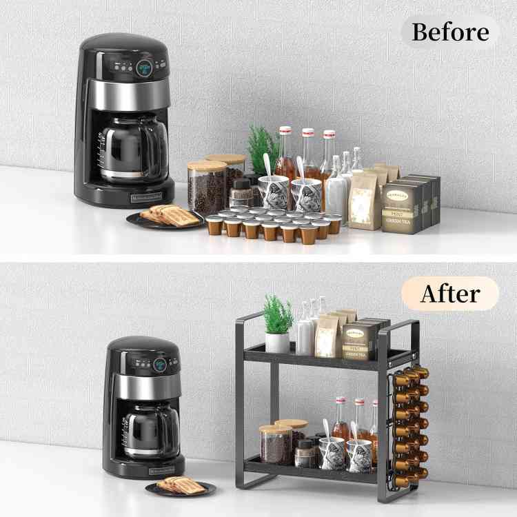 Coffee Station Organizer,Coffee Bar Accessories and Cup Storage Organizer, Wood Counter Shelves for Kitchen, Office, CountertopBlack