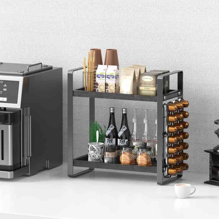 Coffee Station Organizer,Coffee Bar Accessories and Cup Storage Organizer, Wood Counter Shelves for Kitchen, Office, CountertopBlack