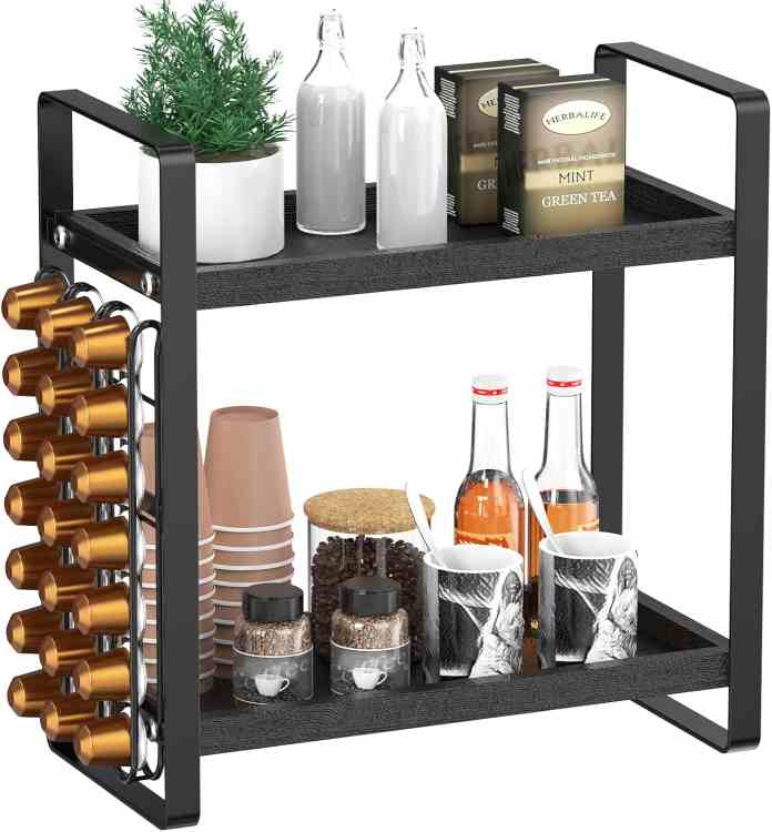 Coffee Station Organizer,Coffee Bar Accessories and Cup Storage Organizer, Wood Counter Shelves for Kitchen, Office, CountertopBlack