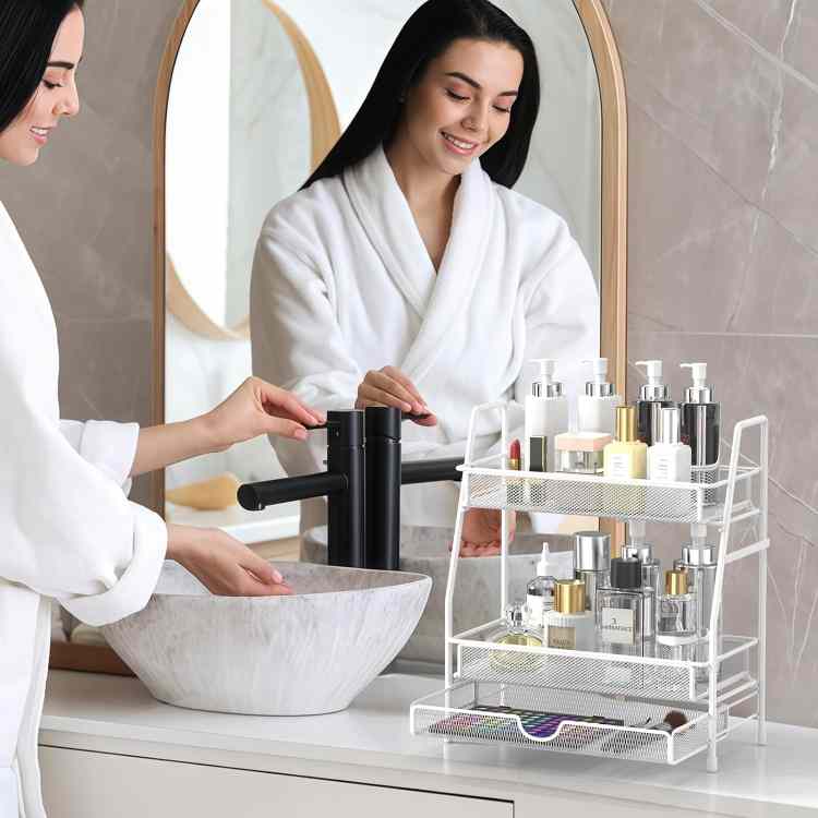 2-Tier Bathroom Counter Organizer with Drawers, Multi-Purpose Makeup Organizer Countertop, Large Skincare Organizers, Exquisite Vanity Shelf