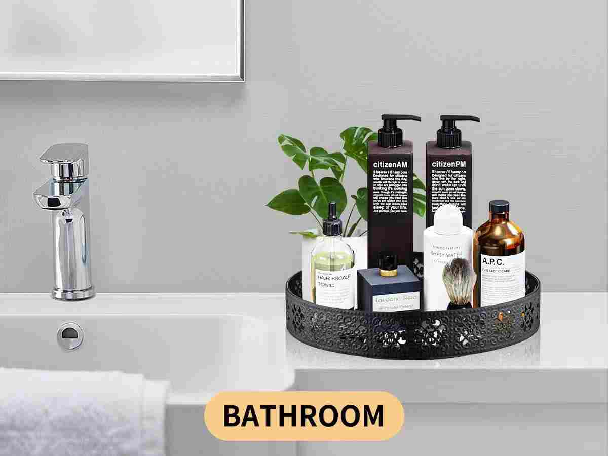Rotating Turntable Vanity Tray 11 Inch for Perfume Candle, Bamboo Kitchen Sink Countertop Organizer for Keep Glass, Sponge and Soap Bathroom Organizer Coffee Table Decorative Tray Black