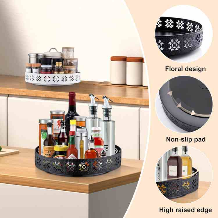 Rotating Turntable Vanity Tray 11 Inch for Perfume Candle, Bamboo Kitchen Sink Countertop Organizer for Keep Glass, Sponge and Soap Bathroom Organizer Coffee Table Decorative Tray Black