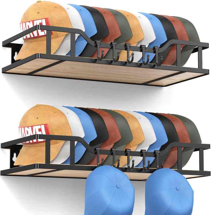 THENNIKIGO Natural Wood Hat Racks for Baseball Caps Peaked Caps Wall Hat Organizer Fit 40 Caps Holder, 2 Packs Sturdy Wall Mounted Snapback Storage Organizer, Black