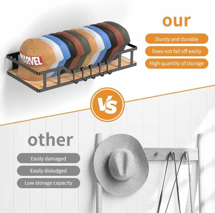 THENNIKIGO Natural Wood Hat Racks for Baseball Caps Peaked Caps Wall Hat Organizer Fit 40 Caps Holder, 2 Packs Sturdy Wall Mounted Snapback Storage Organizer, Black