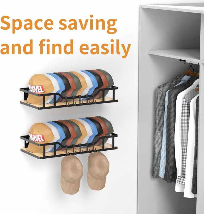 THENNIKIGO Natural Wood Hat Racks for Baseball Caps Peaked Caps Wall Hat Organizer Fit 40 Caps Holder, 2 Packs Sturdy Wall Mounted Snapback Storage Organizer, Black