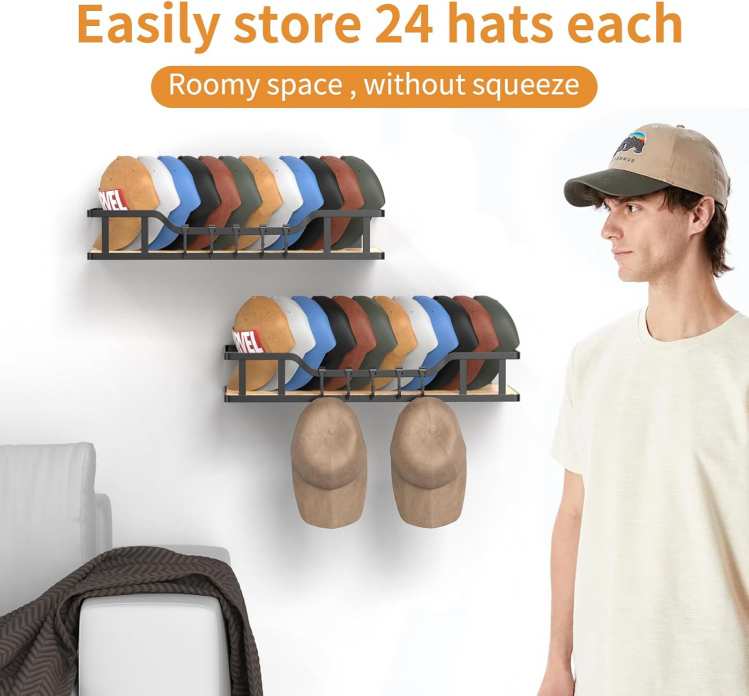 THENNIKIGO Natural Wood Hat Racks for Baseball Caps Peaked Caps Wall Hat Organizer Fit 40 Caps Holder, 2 Packs Sturdy Wall Mounted Snapback Storage Organizer, Black